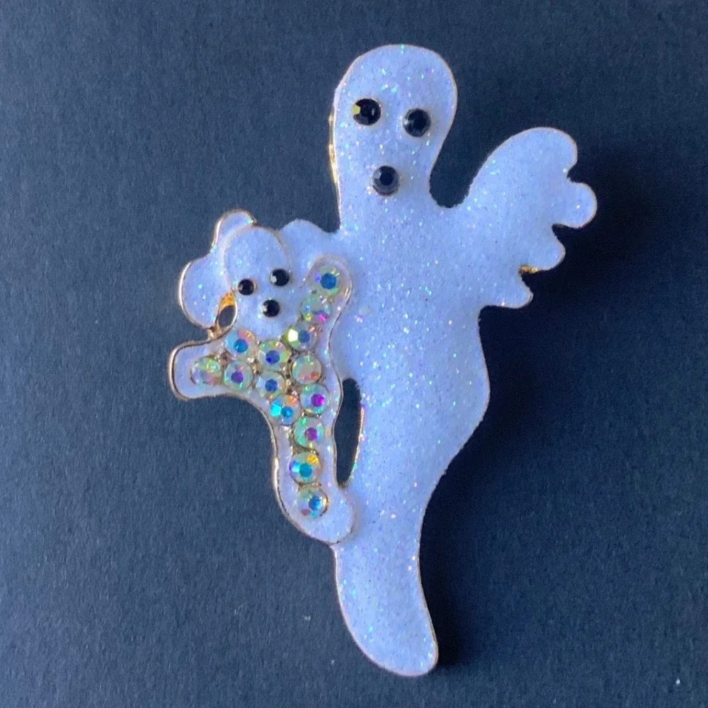 Vintage Halloween Double Ghost Brooch Pin White Glitter Enamel Rhinestone
